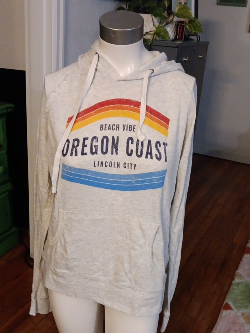 Gray Oregon Coast Hoodie with Rainbow Stripes, Large